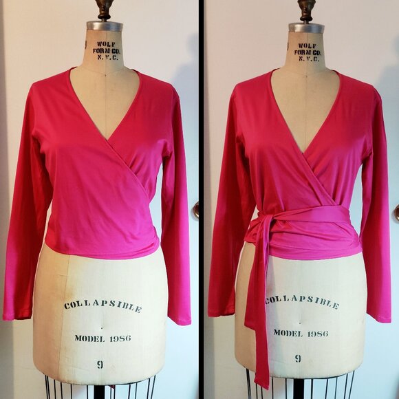 Vintage KENZO Paris Hot Pink Cotton Long-sleeved Wrap Top Small Medium EUC 1990s - Picture 2 of 7